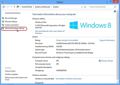 Windows 8 System, Advanced System Settings